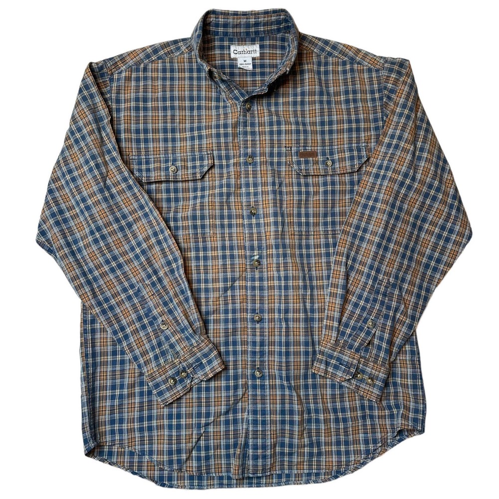 Carhartt Flannel Button Down Shirt Mens M Blue Orange Plaid Long Sleeve Relaxed